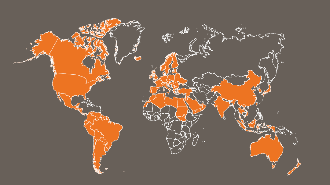 A map of the United States with some regions in orange, representing locations of endorsing organizations